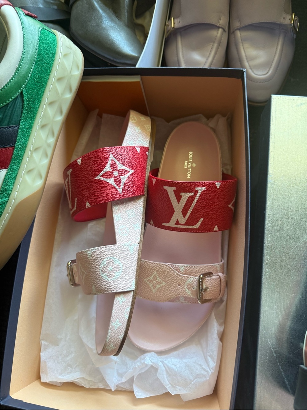 Louis Vuitton Red and Pink Monogram Slide Sandals